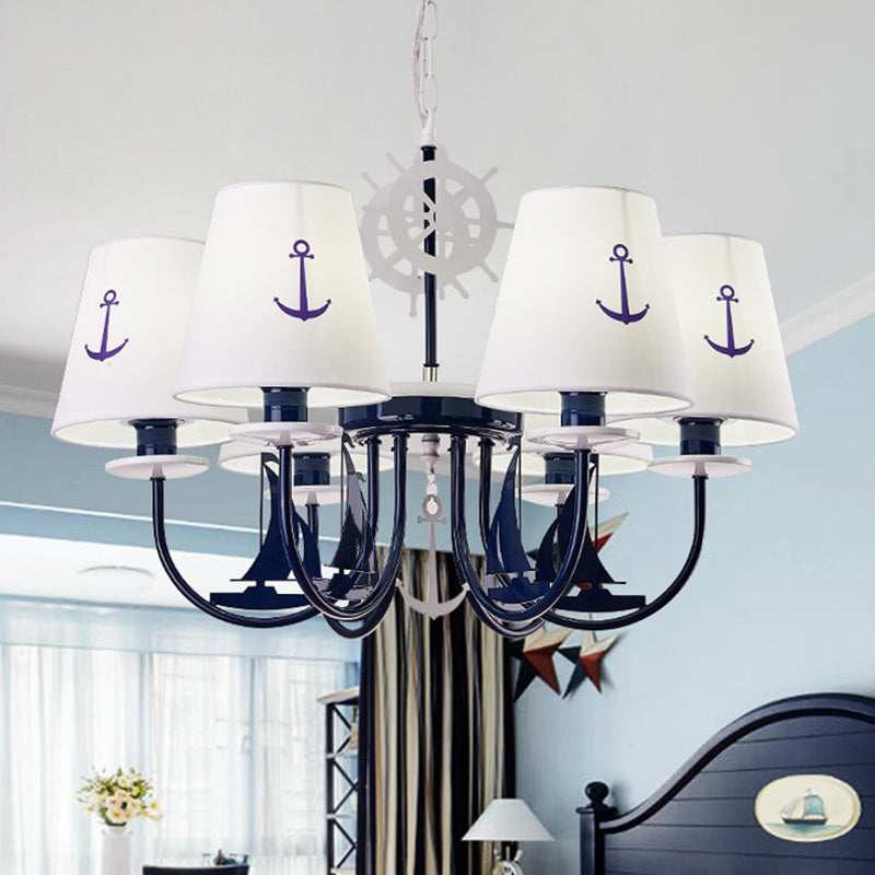 Metallic Arched Arm Pendant Ceiling Light Kids 5/6 Bulbs Blue Hanging Chandelier with Tapered White Fabric Shade Clearhalo 'Ceiling Lights' 'Chandeliers' Lighting' options 1865387