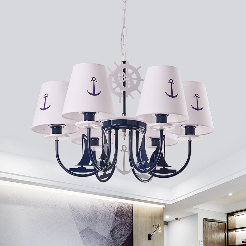 Metallic Arched Arm Pendant Ceiling Light Kids 5/6 Bulbs Blue Hanging Chandelier with Tapered White Fabric Shade Clearhalo 'Ceiling Lights' 'Chandeliers' Lighting' options 1865388