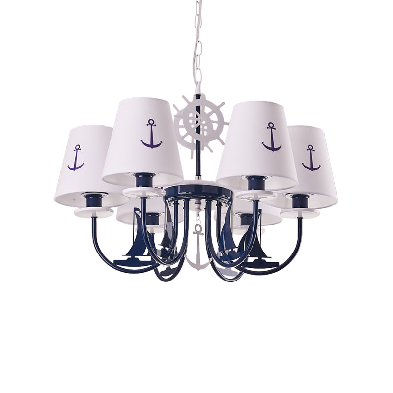 Metallic Arched Arm Pendant Ceiling Light Kids 5/6 Bulbs Blue Hanging Chandelier with Tapered White Fabric Shade Clearhalo 'Ceiling Lights' 'Chandeliers' Lighting' options 1865389