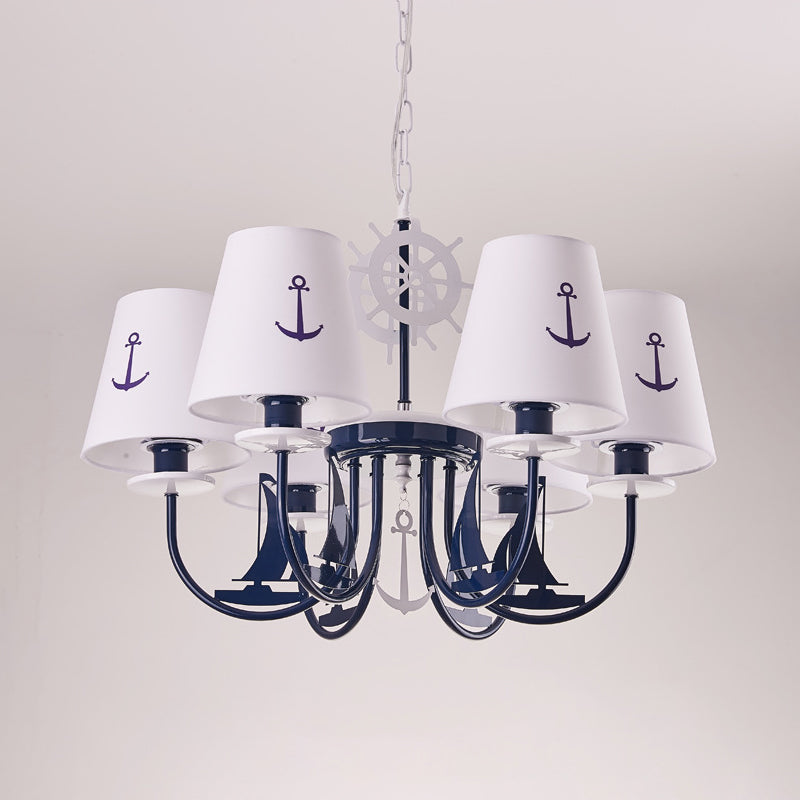 Metallic Arched Arm Pendant Ceiling Light Kids 5/6 Bulbs Blue Hanging Chandelier with Tapered White Fabric Shade Clearhalo 'Ceiling Lights' 'Chandeliers' Lighting' options 1865390