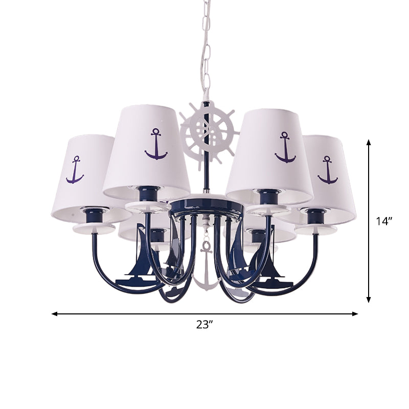 Metallic Arched Arm Pendant Ceiling Light Kids 5/6 Bulbs Blue Hanging Chandelier with Tapered White Fabric Shade Clearhalo 'Ceiling Lights' 'Chandeliers' Lighting' options 1865391