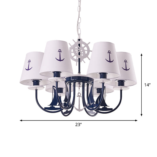 Metallic Arched Arm Pendant Ceiling Light Kids 5/6 Bulbs Blue Hanging Chandelier with Tapered White Fabric Shade Clearhalo 'Ceiling Lights' 'Chandeliers' Lighting' options 1865391