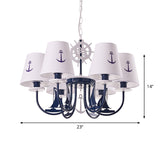 Metallic Arched Arm Pendant Ceiling Light Kids 5/6 Bulbs Blue Hanging Chandelier with Tapered White Fabric Shade Clearhalo 'Ceiling Lights' 'Chandeliers' Lighting' options 1865391