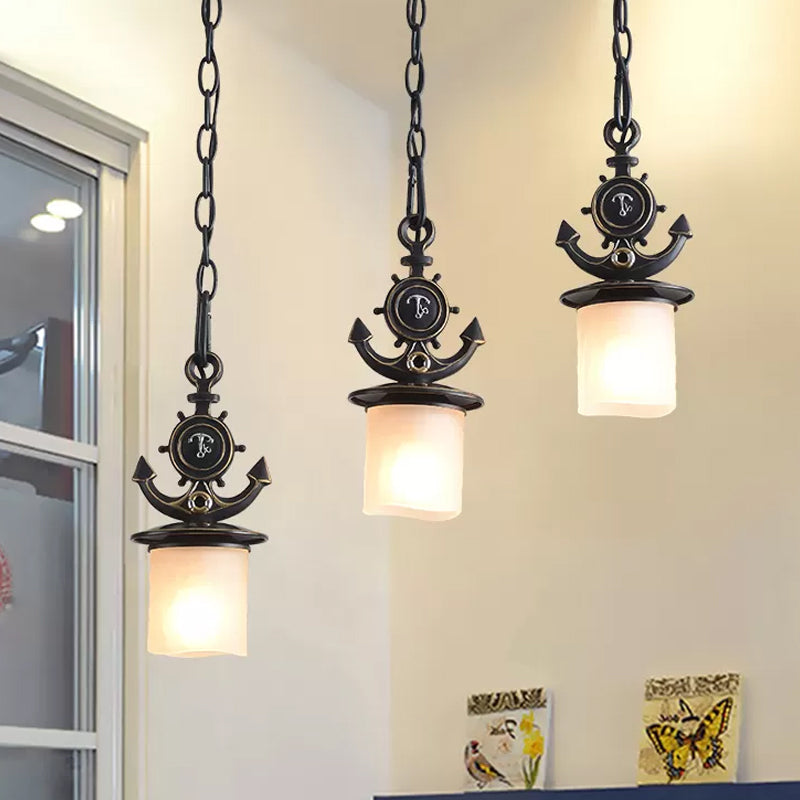 Black Cylinder Cluster Pendant Light Kids 3 Bulbs White Glass Hanging Lamp Kit with Anchor Top Black Clearhalo 'Ceiling Lights' 'Close To Ceiling Lights' 'Glass shade' 'Glass' 'Pendant Lights' 'Pendants' Lighting' 1865461