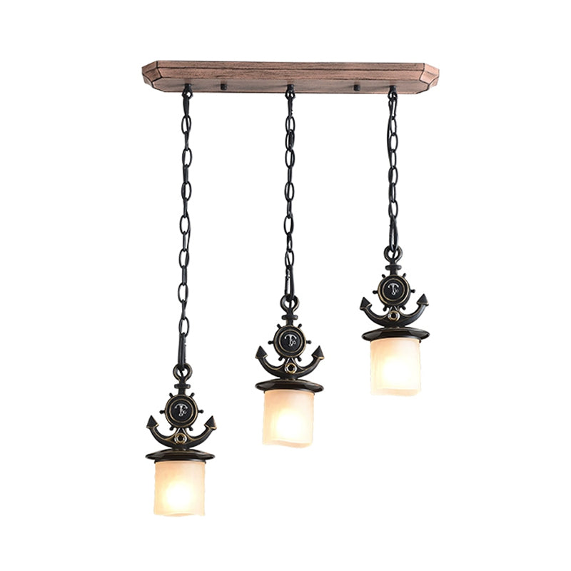 Black Cylinder Cluster Pendant Light Kids 3 Bulbs White Glass Hanging Lamp Kit with Anchor Top Clearhalo 'Ceiling Lights' 'Close To Ceiling Lights' 'Glass shade' 'Glass' 'Pendant Lights' 'Pendants' Lighting' 1865463
