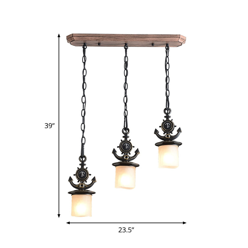 Black Cylinder Cluster Pendant Light Kids 3 Bulbs White Glass Hanging Lamp Kit with Anchor Top Clearhalo 'Ceiling Lights' 'Close To Ceiling Lights' 'Glass shade' 'Glass' 'Pendant Lights' 'Pendants' Lighting' 1865464