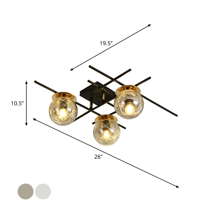 Minimal 3 Heads Semi Flush Light with Clear/Smoke Gray Glass Shade Black Ball Close to Ceiling Lamp for Bedchamber Clearhalo 'Ceiling Lights' 'Close To Ceiling Lights' 'Close to ceiling' 'Glass shade' 'Glass' 'Island Lights' 'Semi-flushmount' Lighting' 1865604