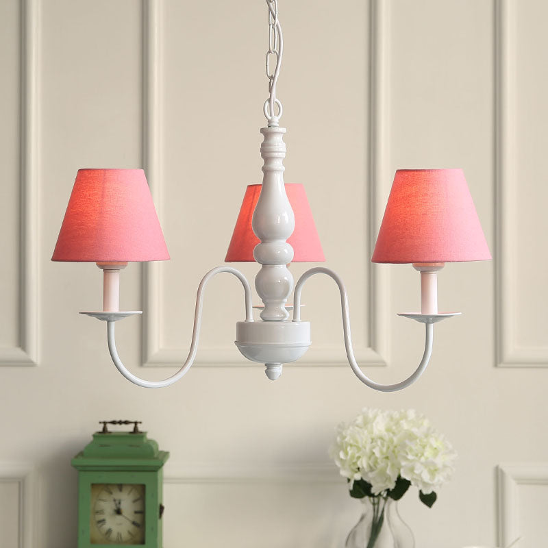 Nordic Tapered Shade Chandelier Metal 3 Lights Candy Colored Hanging Light for Baby Bedroom Pink Clearhalo 'Ceiling Lights' 'Chandeliers' Lighting' options 186562_0139f733-2f3a-4bfe-a221-fbe80c683501