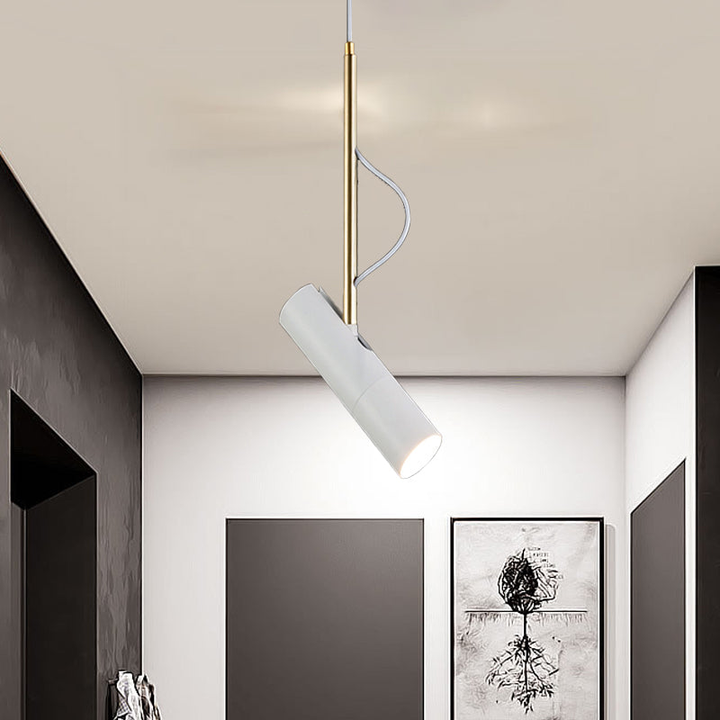 Cylinder Metallic Mini Suspension Pendant 1 Bulb Black/White Hanging Light Fixture in Warm/White Light Clearhalo 'Ceiling Lights' 'Modern Pendants' 'Modern' 'Pendant Lights' 'Pendants' Lighting' 1865849