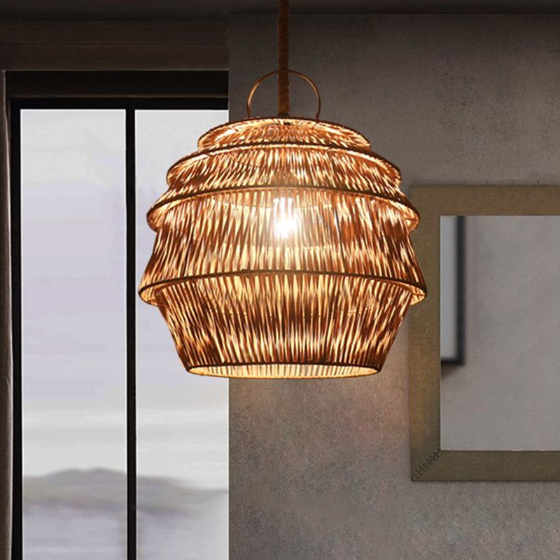 Beige/Coffee Jar-Like Down Lighting Rustic 1-Light Bamboo Ceiling Suspension Lamp for Dining Room Clearhalo 'Ceiling Lights' 'Pendant Lights' 'Pendants' Lighting' 1865900