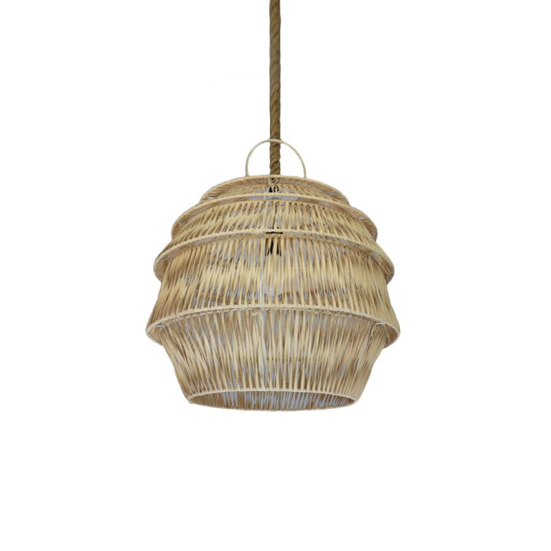 Beige/Coffee Jar-Like Down Lighting Rustic 1-Light Bamboo Ceiling Suspension Lamp for Dining Room Clearhalo 'Ceiling Lights' 'Pendant Lights' 'Pendants' Lighting' 1865906