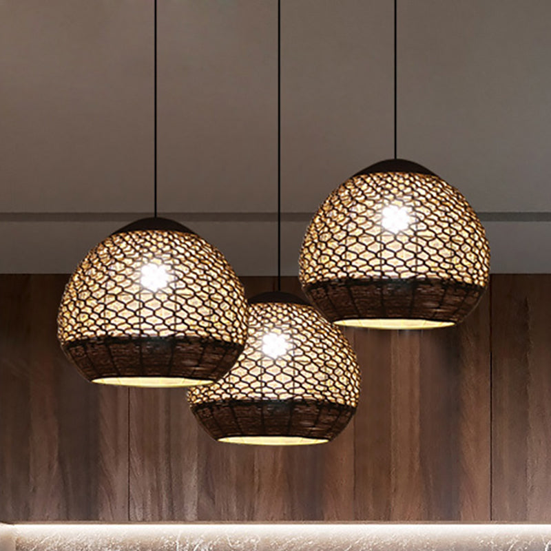 Globe Hanging Ceiling Light Asia Style Rope 1 Head Dining Room Pendant Lamp with Hollow-Out Design in Flaxen Clearhalo 'Ceiling Lights' 'Pendant Lights' 'Pendants' Lighting' 1865908