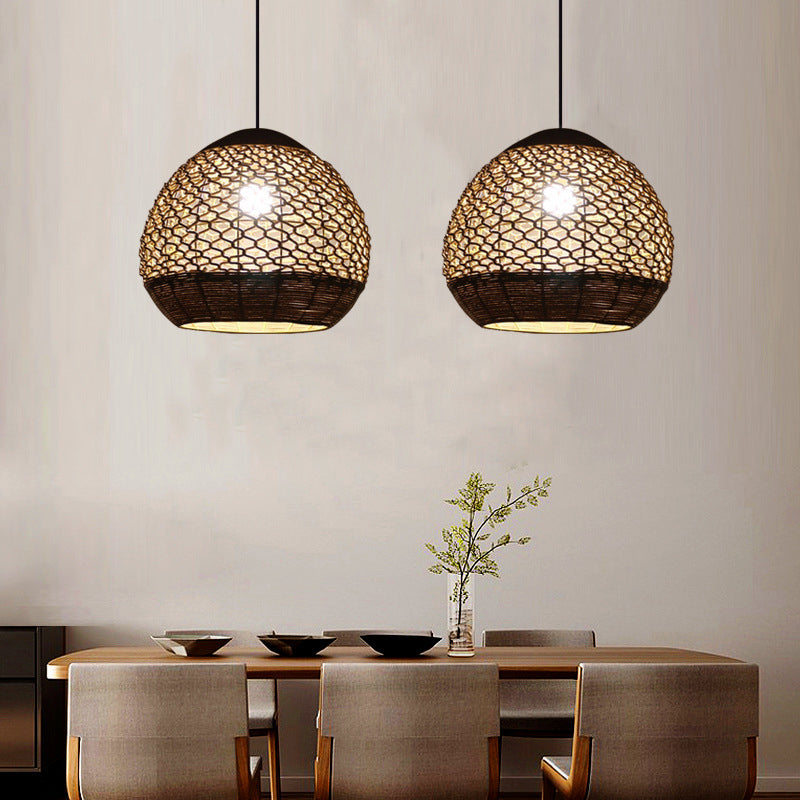 Globe Hanging Ceiling Light Asia Style Rope 1 Head Dining Room Pendant Lamp with Hollow-Out Design in Flaxen Clearhalo 'Ceiling Lights' 'Pendant Lights' 'Pendants' Lighting' 1865909