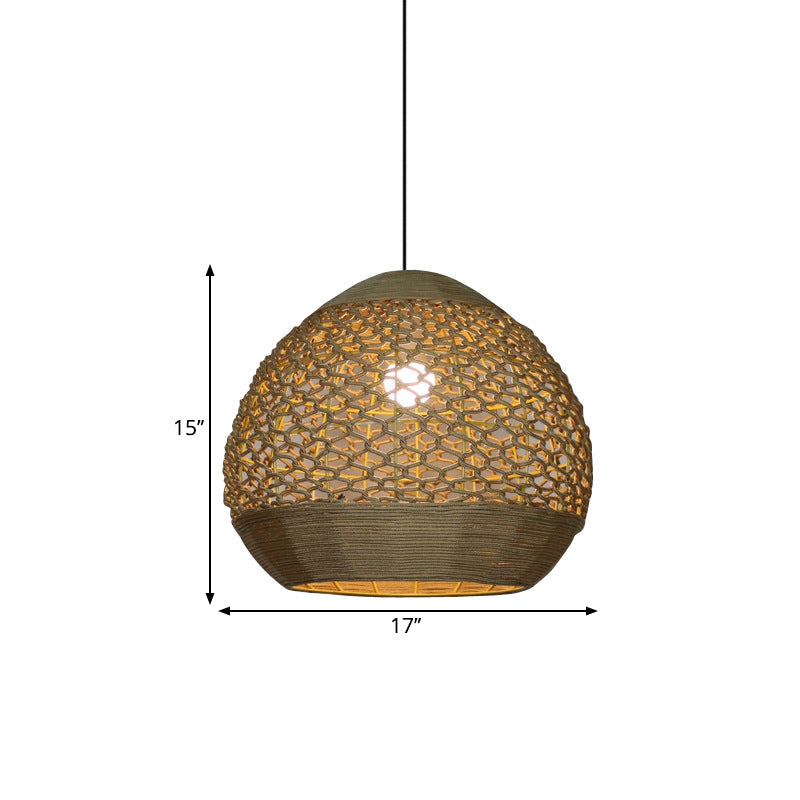 Globe Hanging Ceiling Light Asia Style Rope 1 Head Dining Room Pendant Lamp with Hollow-Out Design in Flaxen Clearhalo 'Ceiling Lights' 'Pendant Lights' 'Pendants' Lighting' 1865911