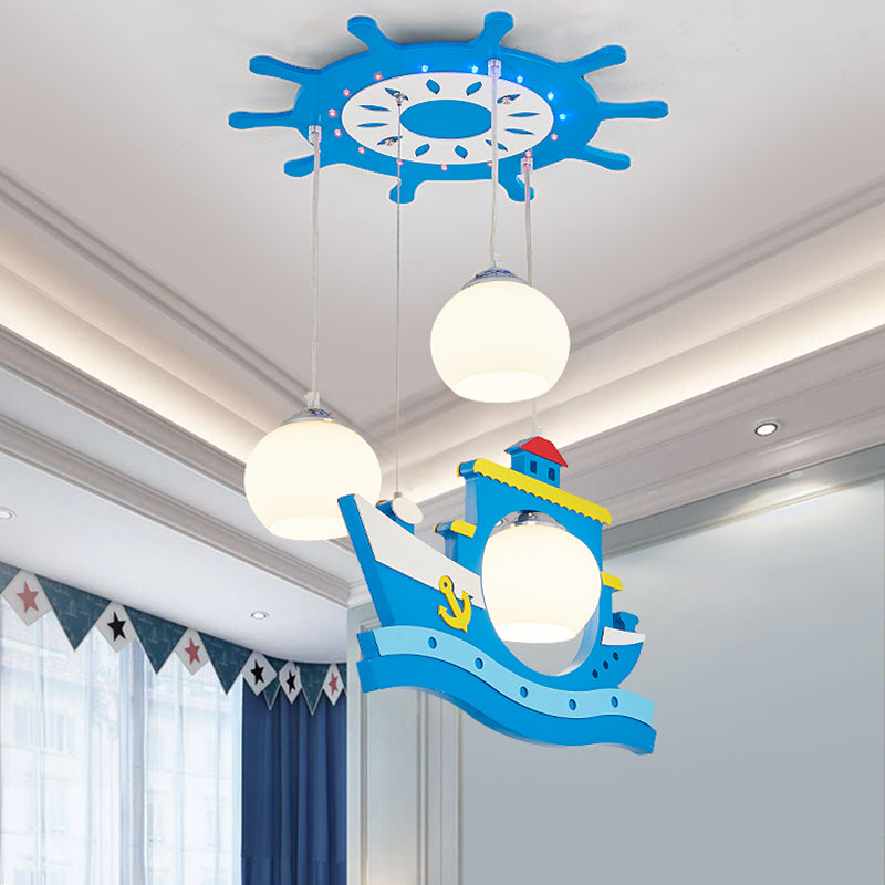 Wooden Rudder Canopy Hanging Light Children Style 3 Heads Blue Shaded Suspension Pendant with Boat Decor Blue Clearhalo 'Ceiling Lights' 'Close To Ceiling Lights' 'Glass shade' 'Glass' 'Pendant Lights' 'Pendants' Lighting' 1866132