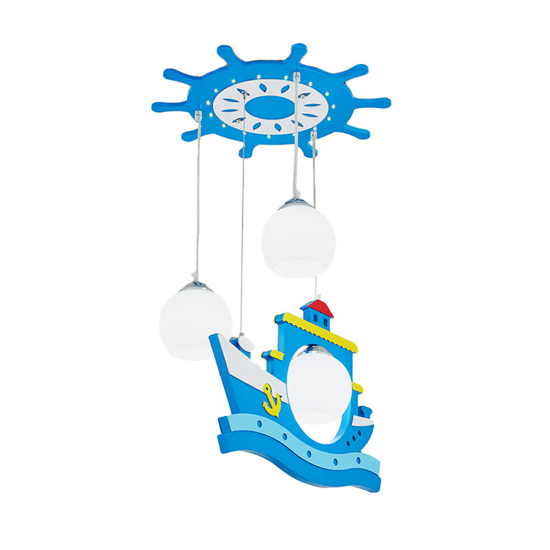 Wooden Rudder Canopy Hanging Light Children Style 3 Heads Blue Shaded Suspension Pendant with Boat Decor Clearhalo 'Ceiling Lights' 'Close To Ceiling Lights' 'Glass shade' 'Glass' 'Pendant Lights' 'Pendants' Lighting' 1866134