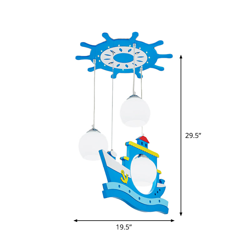 Wooden Rudder Canopy Hanging Light Children Style 3 Heads Blue Shaded Suspension Pendant with Boat Decor Clearhalo 'Ceiling Lights' 'Close To Ceiling Lights' 'Glass shade' 'Glass' 'Pendant Lights' 'Pendants' Lighting' 1866135