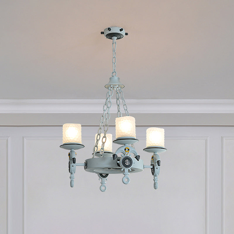 4 Heads Parlor Chandelier Light Children Blue/Brown Hanging Lamp Kit with Cylinder Frosted Glass Shade Clearhalo 'Ceiling Lights' 'Chandeliers' Lighting' options 1866140