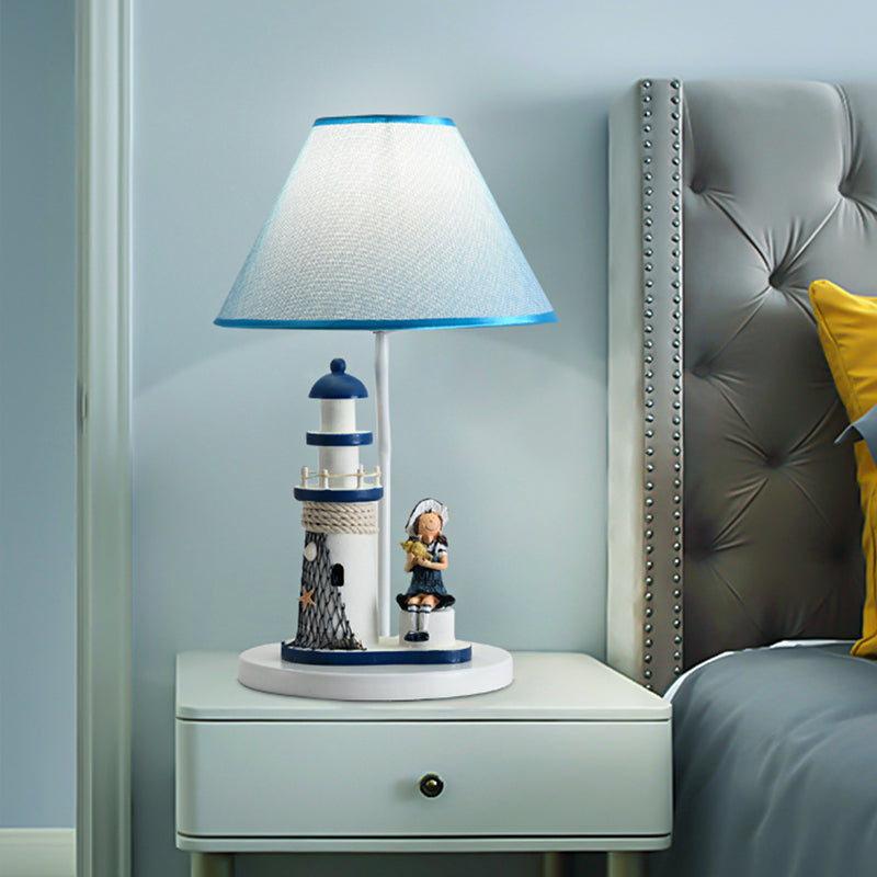 Conical Task Lighting Kids Style Fabric 1-Head Bedroom Table Light with Boy/Girl and Lighthouse Deco in Blue Blue Girl Clearhalo 'Lamps' 'Table Lamps' Lighting' 1866148