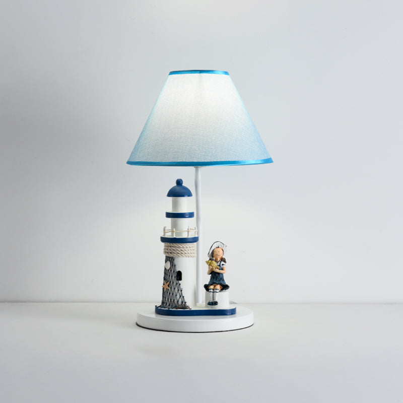 Conical Task Lighting Kids Style Fabric 1-Head Bedroom Table Light with Boy/Girl and Lighthouse Deco in Blue Clearhalo 'Lamps' 'Table Lamps' Lighting' 1866149