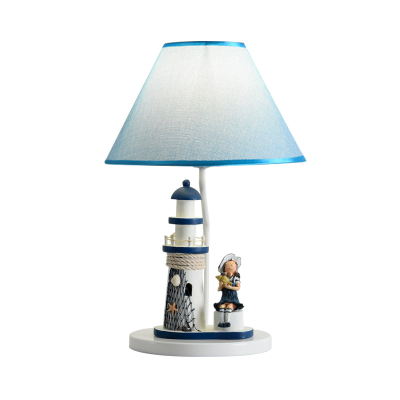 Conical Task Lighting Kids Style Fabric 1-Head Bedroom Table Light with Boy/Girl and Lighthouse Deco in Blue Clearhalo 'Lamps' 'Table Lamps' Lighting' 1866150