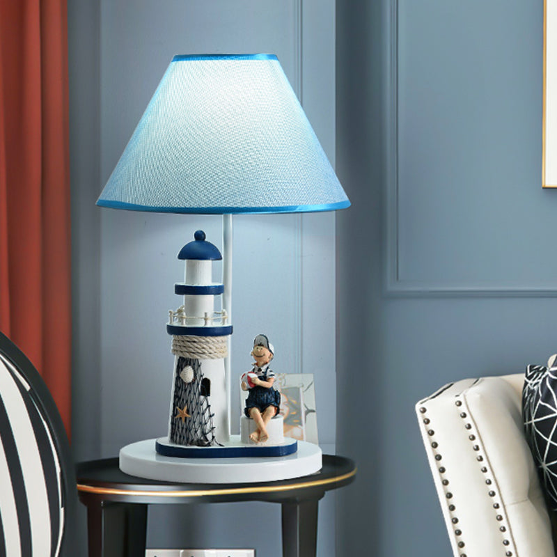 Conical Task Lighting Kids Style Fabric 1-Head Bedroom Table Light with Boy/Girl and Lighthouse Deco in Blue Blue Boy Clearhalo 'Lamps' 'Table Lamps' Lighting' 1866152