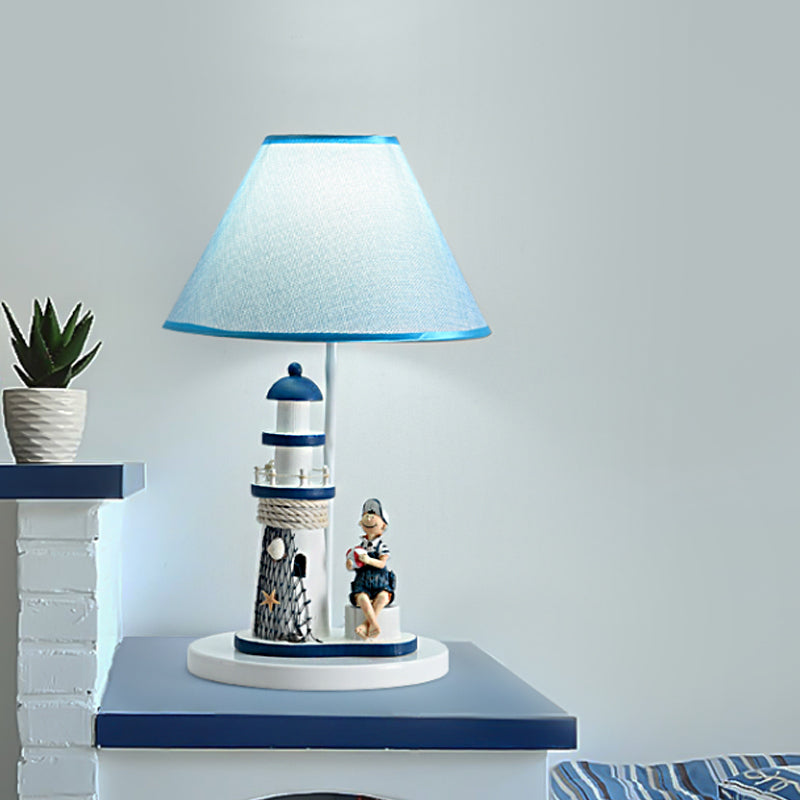 Conical Task Lighting Kids Style Fabric 1-Head Bedroom Table Light with Boy/Girl and Lighthouse Deco in Blue Clearhalo 'Lamps' 'Table Lamps' Lighting' 1866153