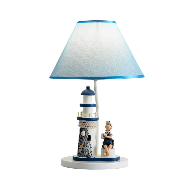 Conical Task Lighting Kids Style Fabric 1-Head Bedroom Table Light with Boy/Girl and Lighthouse Deco in Blue Clearhalo 'Lamps' 'Table Lamps' Lighting' 1866155