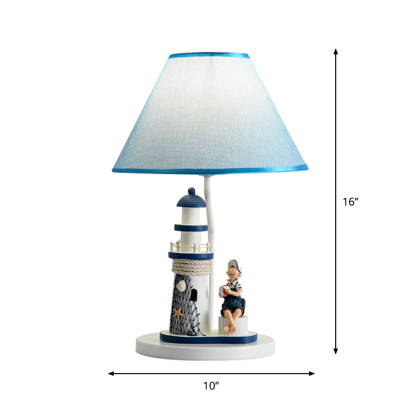 Conical Task Lighting Kids Style Fabric 1-Head Bedroom Table Light with Boy/Girl and Lighthouse Deco in Blue Clearhalo 'Lamps' 'Table Lamps' Lighting' 1866156