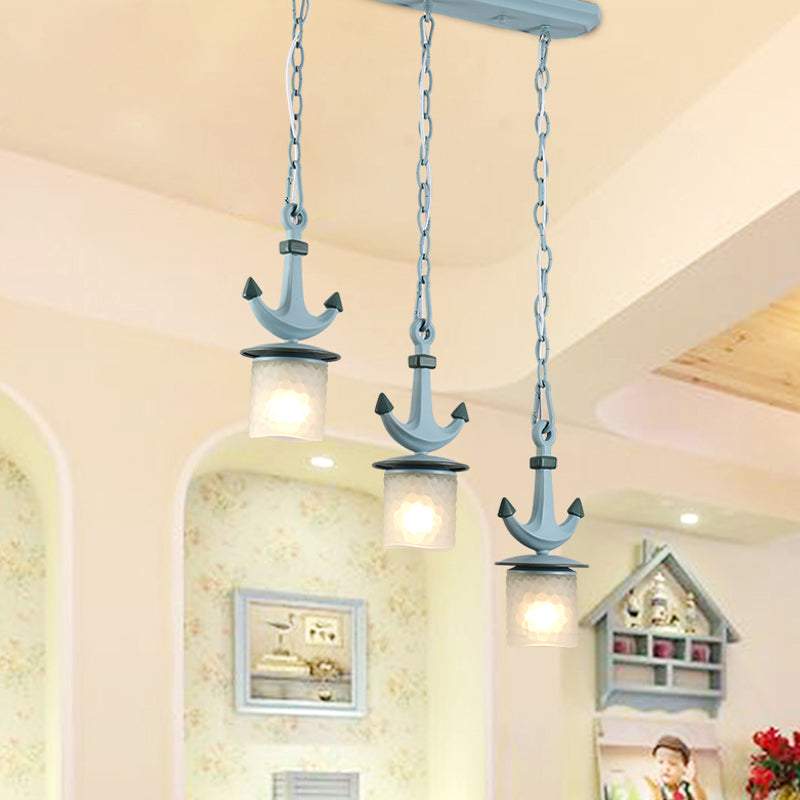 Cylindrical Playroom Pendant Lamp Dimpled Glass 3 Bulbs Modernism Multiple Ceiling Light in Blue, Linear/Round Canopy Blue Linear Clearhalo 'Ceiling Lights' 'Close To Ceiling Lights' 'Glass shade' 'Glass' 'Pendant Lights' 'Pendants' Lighting' 1866157