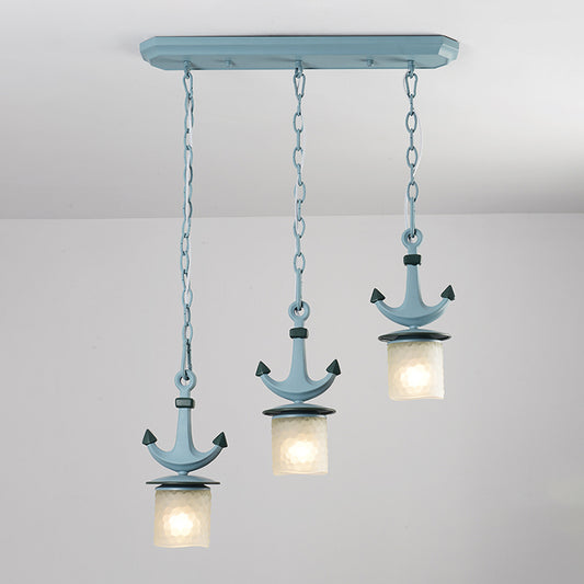 Cylindrical Playroom Pendant Lamp Dimpled Glass 3 Bulbs Modernism Multiple Ceiling Light in Blue, Linear/Round Canopy Clearhalo 'Ceiling Lights' 'Close To Ceiling Lights' 'Glass shade' 'Glass' 'Pendant Lights' 'Pendants' Lighting' 1866158