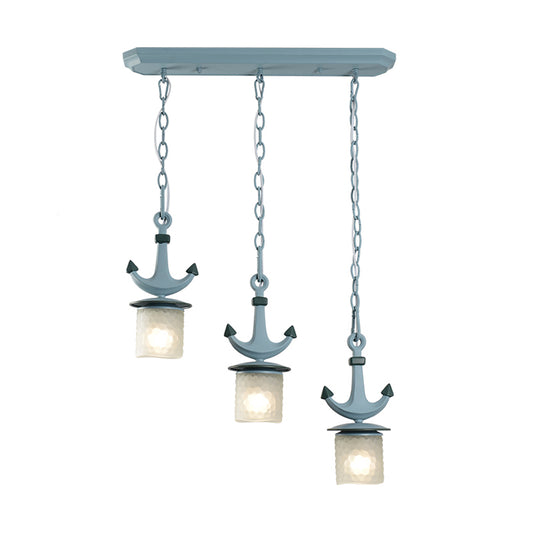 Cylindrical Playroom Pendant Lamp Dimpled Glass 3 Bulbs Modernism Multiple Ceiling Light in Blue, Linear/Round Canopy Clearhalo 'Ceiling Lights' 'Close To Ceiling Lights' 'Glass shade' 'Glass' 'Pendant Lights' 'Pendants' Lighting' 1866159
