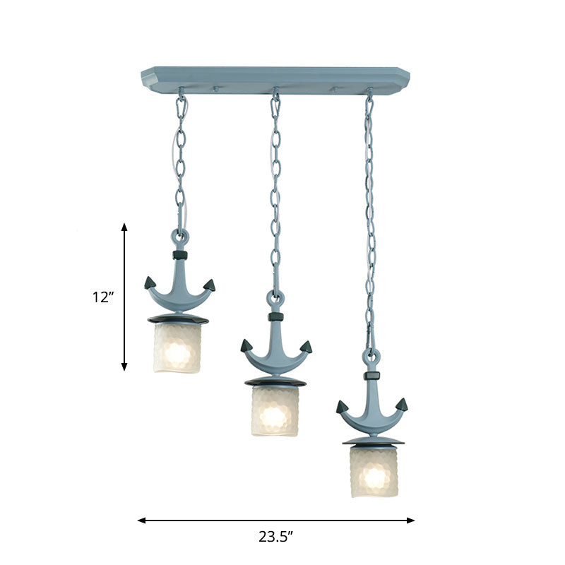 Cylindrical Playroom Pendant Lamp Dimpled Glass 3 Bulbs Modernism Multiple Ceiling Light in Blue, Linear/Round Canopy Clearhalo 'Ceiling Lights' 'Close To Ceiling Lights' 'Glass shade' 'Glass' 'Pendant Lights' 'Pendants' Lighting' 1866160
