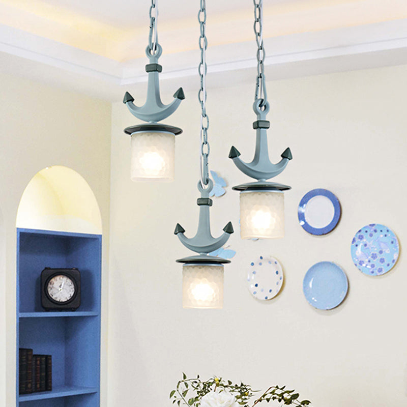 Cylindrical Playroom Pendant Lamp Dimpled Glass 3 Bulbs Modernism Multiple Ceiling Light in Blue, Linear/Round Canopy Clearhalo 'Ceiling Lights' 'Close To Ceiling Lights' 'Glass shade' 'Glass' 'Pendant Lights' 'Pendants' Lighting' 1866162
