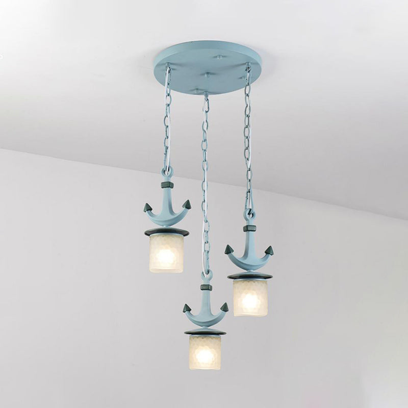 Cylindrical Playroom Pendant Lamp Dimpled Glass 3 Bulbs Modernism Multiple Ceiling Light in Blue, Linear/Round Canopy Clearhalo 'Ceiling Lights' 'Close To Ceiling Lights' 'Glass shade' 'Glass' 'Pendant Lights' 'Pendants' Lighting' 1866163