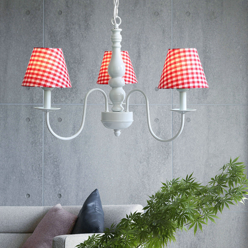 Restaurant Plaid Shade Suspension Light Fabric 3 Bulbs Nordic Stylish Kids Chandelier Red Clearhalo 'Ceiling Lights' 'Chandeliers' Lighting' options 186616_d9967f1d-799d-4508-be06-26f0358d1eda