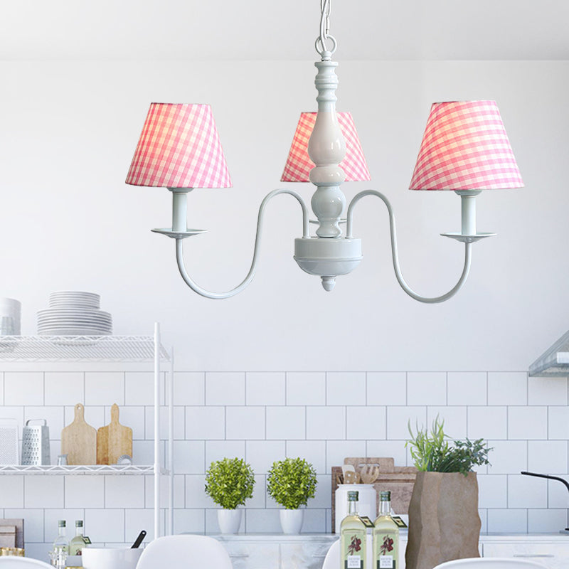 Restaurant Plaid Shade Suspension Light Fabric 3 Bulbs Nordic Stylish Kids Chandelier Clearhalo 'Ceiling Lights' 'Chandeliers' Lighting' options 186619