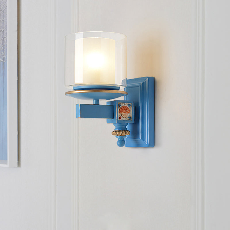 Dual Column Wall Mount Lamp Coastal Clear and Opal Glass Sky/Light Blue Wall Lighting with Resin Shell Deco Sky Blue Clearhalo 'Wall Lamps & Sconces' 'Wall Lights' Lighting' 1866193