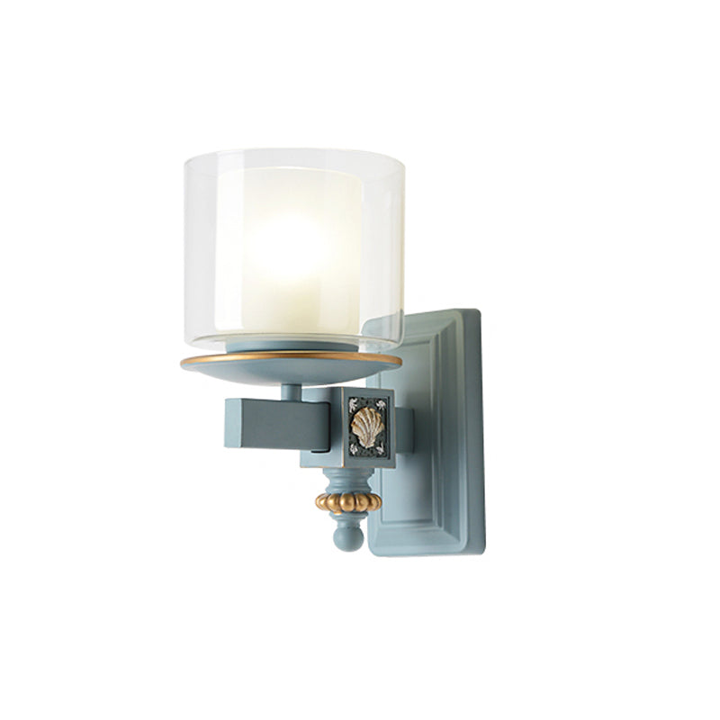 Dual Column Wall Mount Lamp Coastal Clear and Opal Glass Sky/Light Blue Wall Lighting with Resin Shell Deco Clearhalo 'Wall Lamps & Sconces' 'Wall Lights' Lighting' 1866199