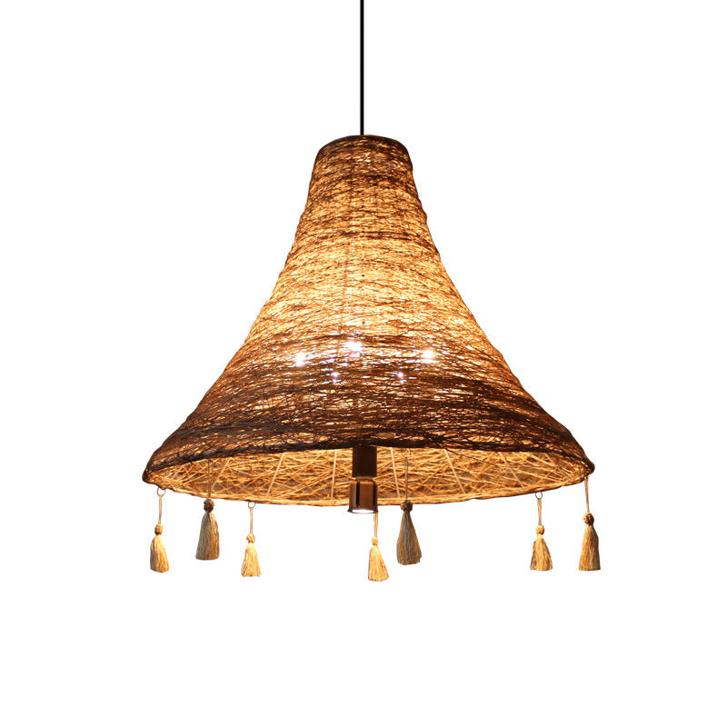 Flared Manila Rope Suspension Pendant Asian 23.5"/31.5" Width 3 Bulbs Yellow Chandelier Light with Tassel Deco Clearhalo 'Ceiling Lights' 'Chandeliers' Lighting' options 1866202