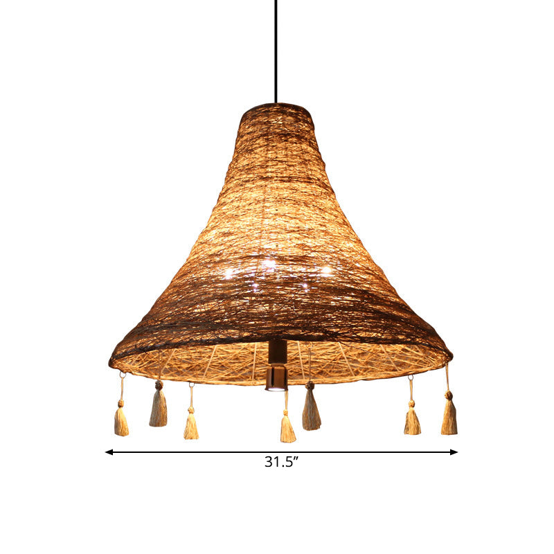 Flared Manila Rope Suspension Pendant Asian 23.5"/31.5" Width 3 Bulbs Yellow Chandelier Light with Tassel Deco Clearhalo 'Ceiling Lights' 'Chandeliers' Lighting' options 1866205