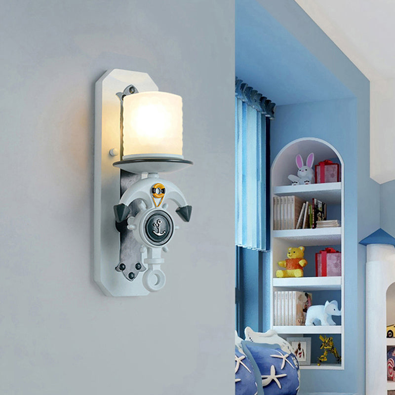 Anchor Arm Wall Lamp Kids Resin 1/2-Bulb Brown/Blue Wall Mount Light Fixture with Cylinder Opal Glass Shade 1.0 Blue Clearhalo 'Wall Lamps & Sconces' 'Wall Lights' Lighting' 1866306