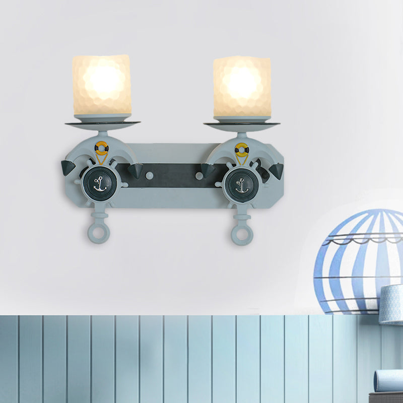 Anchor Arm Wall Lamp Kids Resin 1/2-Bulb Brown/Blue Wall Mount Light Fixture with Cylinder Opal Glass Shade 2.0 Blue Clearhalo 'Wall Lamps & Sconces' 'Wall Lights' Lighting' 1866310