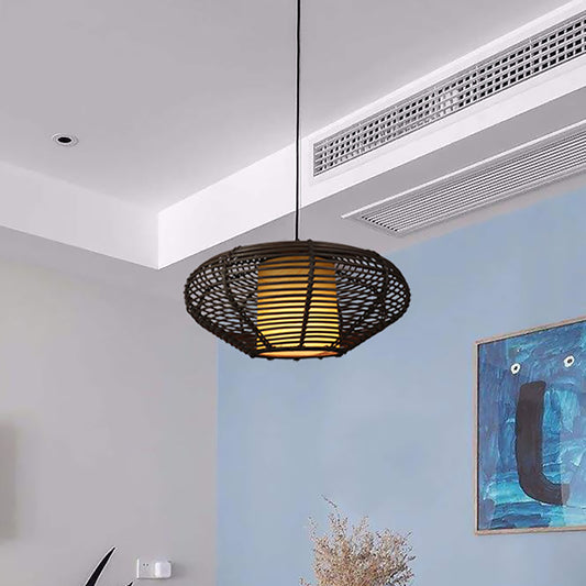 Fabric Cylindrical Pendant Lighting Asia 1 Light Coffee Drop Lamp with Oval Bamboo Cage Clearhalo 'Ceiling Lights' 'Pendant Lights' 'Pendants' Lighting' 1866409