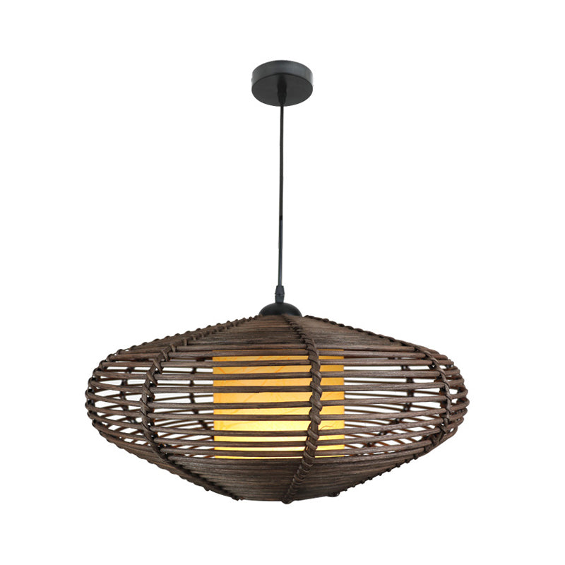 Fabric Cylindrical Pendant Lighting Asia 1 Light Coffee Drop Lamp with Oval Bamboo Cage Clearhalo 'Ceiling Lights' 'Pendant Lights' 'Pendants' Lighting' 1866410