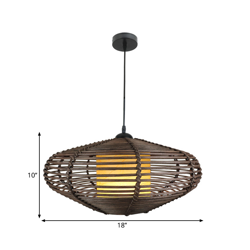 Fabric Cylindrical Pendant Lighting Asia 1 Light Coffee Drop Lamp with Oval Bamboo Cage Clearhalo 'Ceiling Lights' 'Pendant Lights' 'Pendants' Lighting' 1866412