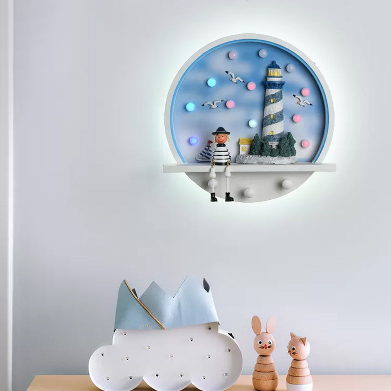 Disk Wooden Wall Lighting Idea Children Style LED Blue Wall Sconce Light with Cartoon Character Design Clearhalo 'Wall Lamps & Sconces' 'Wall Lights' Lighting' 1866501