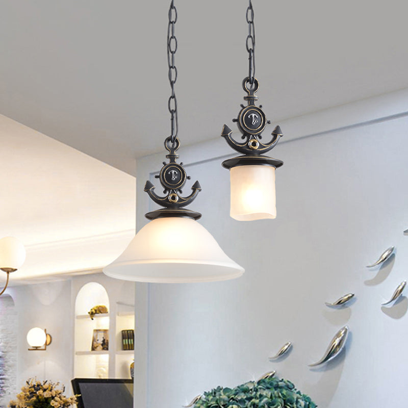 Column/Bell Ceiling Hang Fixture Nordic Opal Glass 1-Head Black Suspension Pendant with Anchor Top, 4"/13" Width Black 13" Clearhalo 'Ceiling Lights' 'Close To Ceiling Lights' 'Glass shade' 'Glass' 'Pendant Lights' 'Pendants' Lighting' 1866517