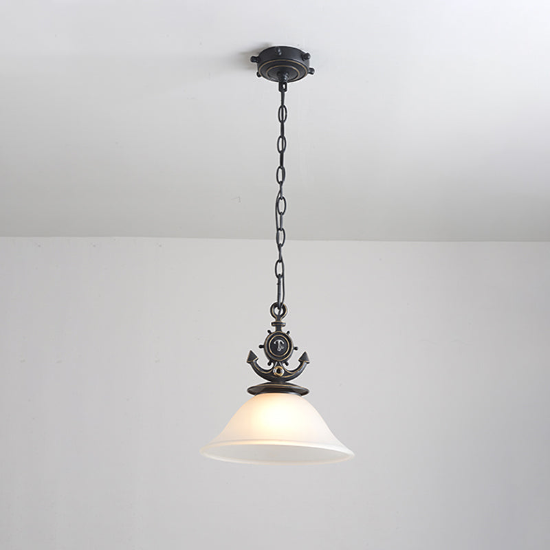 Column/Bell Ceiling Hang Fixture Nordic Opal Glass 1-Head Black Suspension Pendant with Anchor Top, 4"/13" Width Clearhalo 'Ceiling Lights' 'Close To Ceiling Lights' 'Glass shade' 'Glass' 'Pendant Lights' 'Pendants' Lighting' 1866518