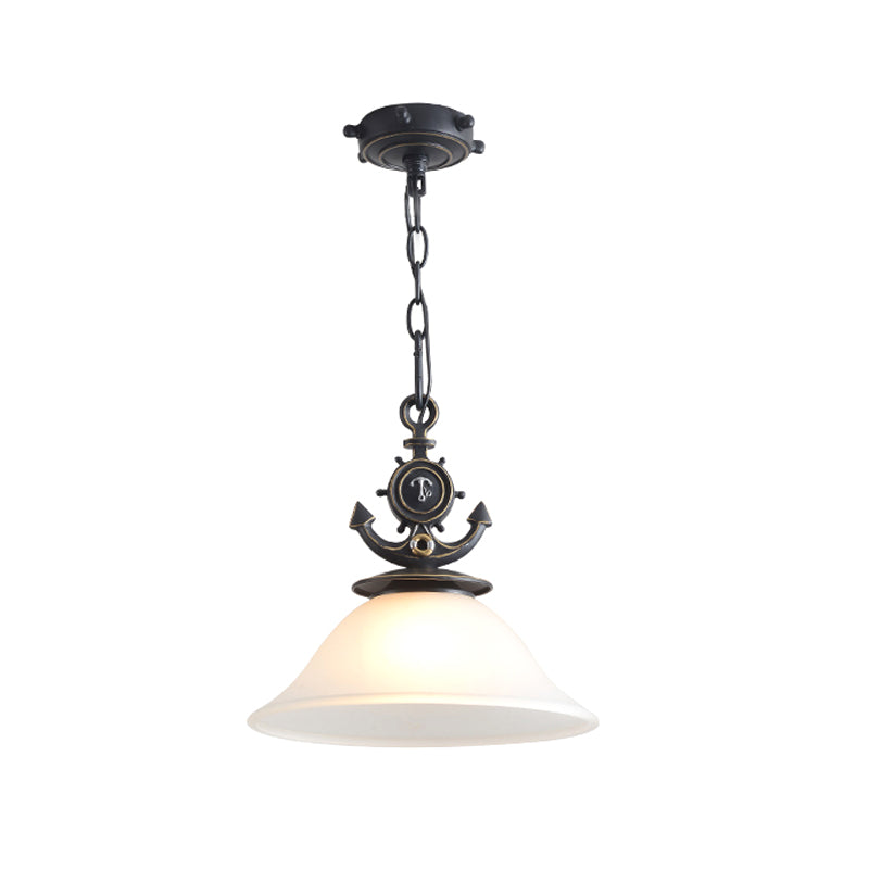 Column/Bell Ceiling Hang Fixture Nordic Opal Glass 1-Head Black Suspension Pendant with Anchor Top, 4"/13" Width Clearhalo 'Ceiling Lights' 'Close To Ceiling Lights' 'Glass shade' 'Glass' 'Pendant Lights' 'Pendants' Lighting' 1866519